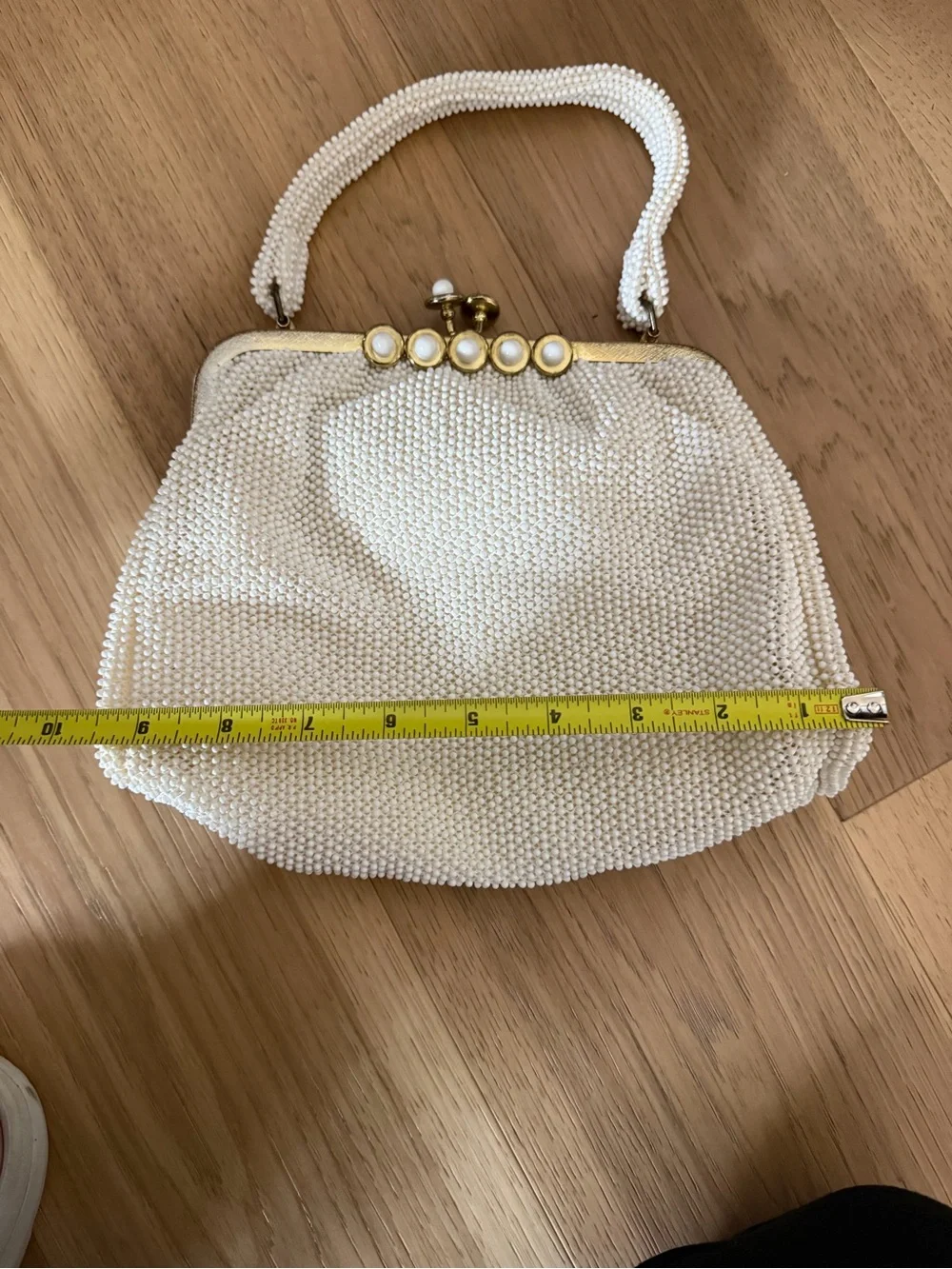 Vintage lumered Pearl petite bead Beaded White Evening Clutch with Gold Frame